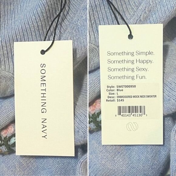 NWT Something Navy Embroidered Mock Neck Sweater, Blue, Size L - Picture 5 of 15